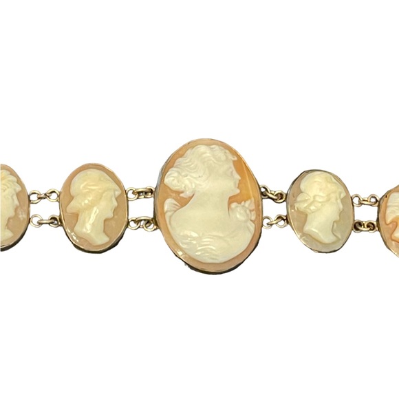 Stunning Antique Art Deco Italy Carved Shell Cameo Link Bracelet 900 GF wash - Picture 10 of 11
